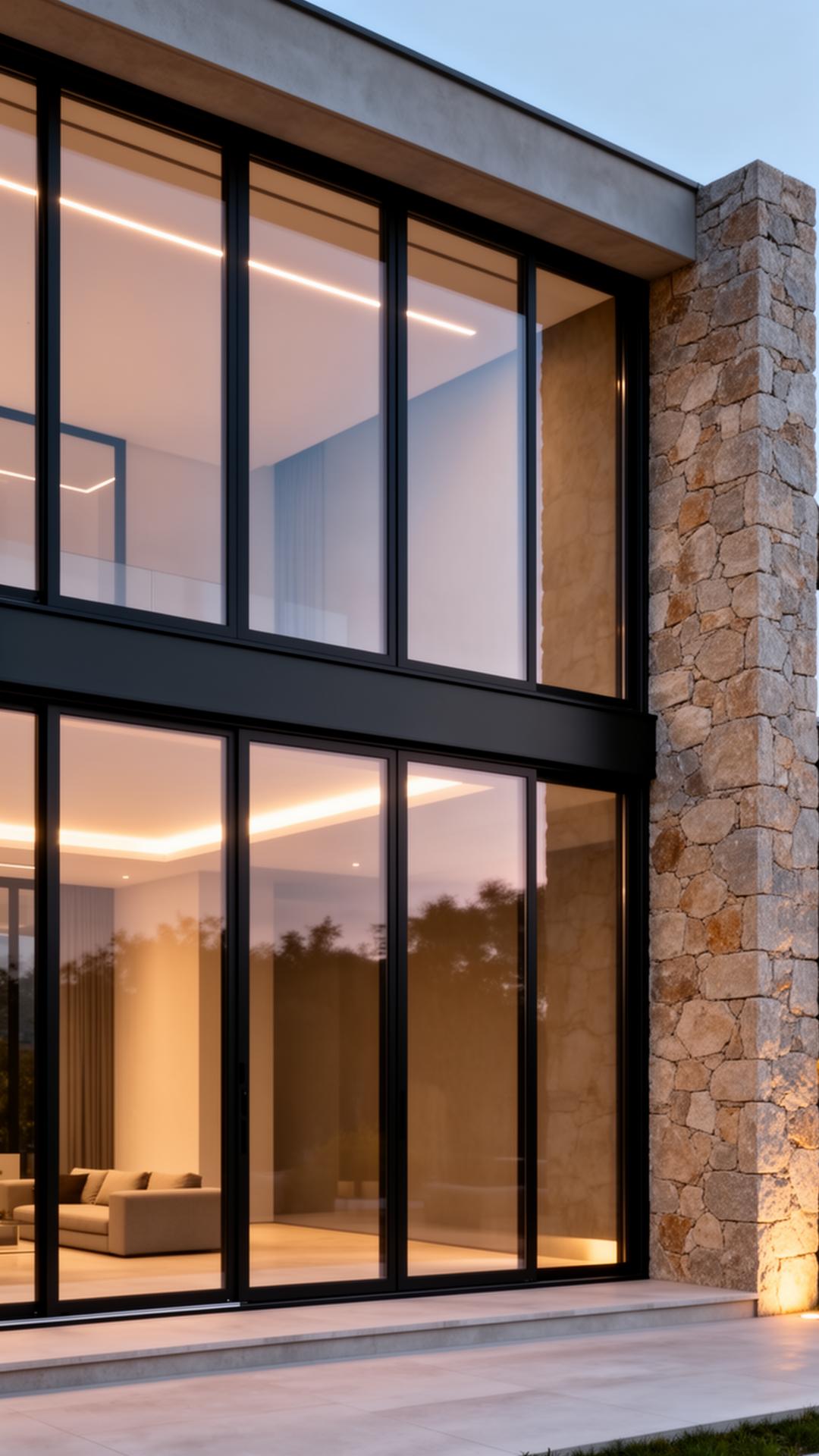 Châssis aluminium contemporains sur villa en pierre naturelle.