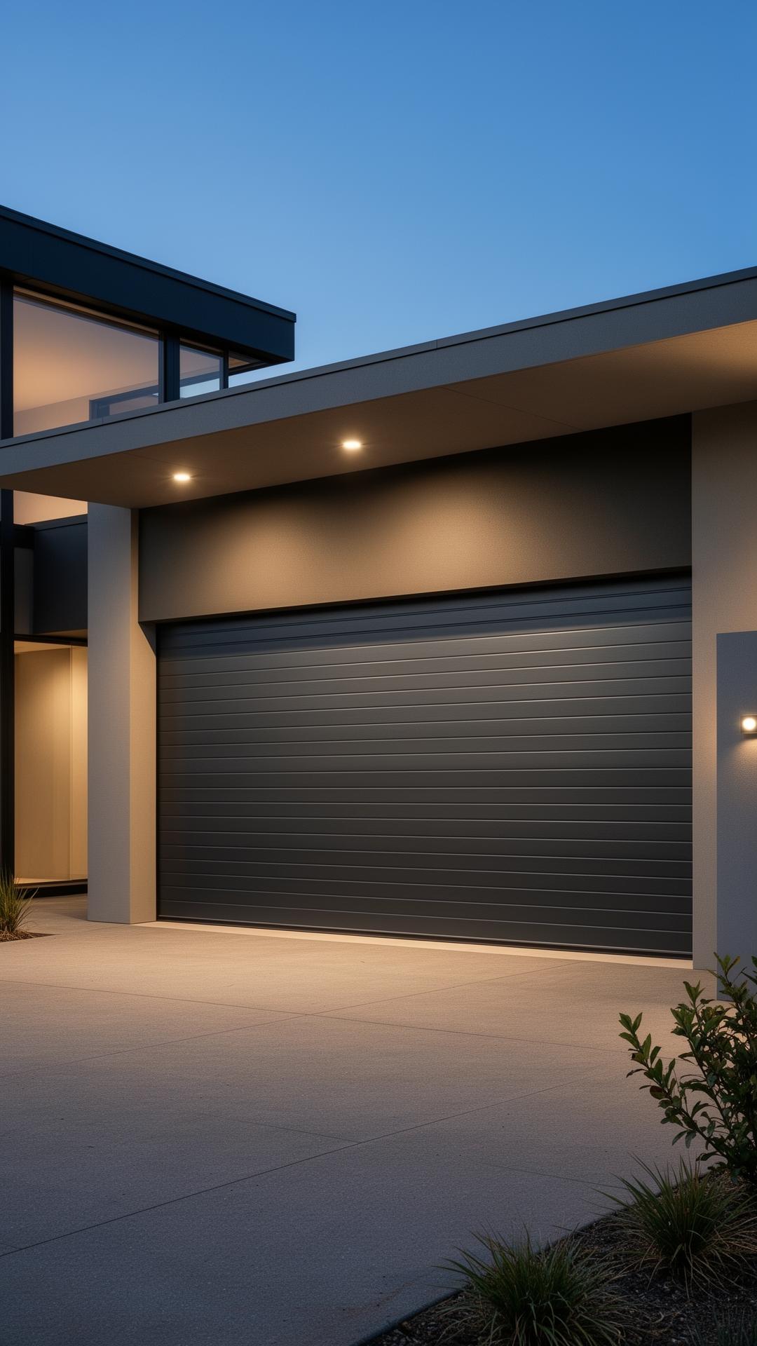 Porte de garage sectionnelle anthracite intégrée à une villa moderne.