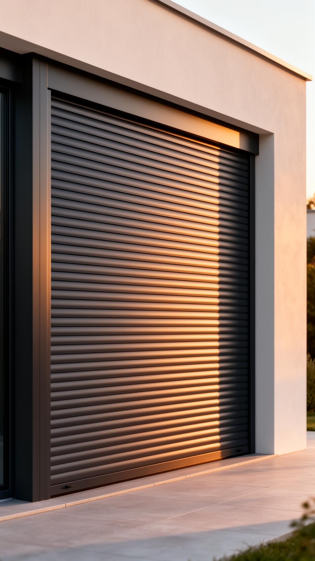 Volet roulant en aluminium anthracite, lumière du soir.